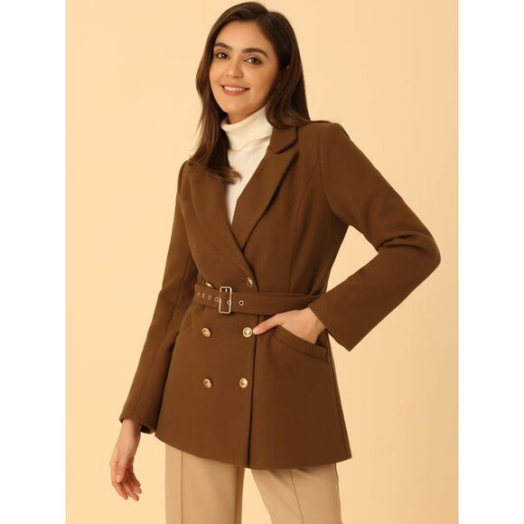 Double Breasted Short Pea Coat Tie Waist Winter Lapel Overcoat with Belt Caramel - Picture 2 of 5